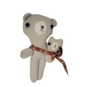 Felt Plush Bears Handmade Grey with Plaid Ribbon Stuffy Stuffed Teddy Bears